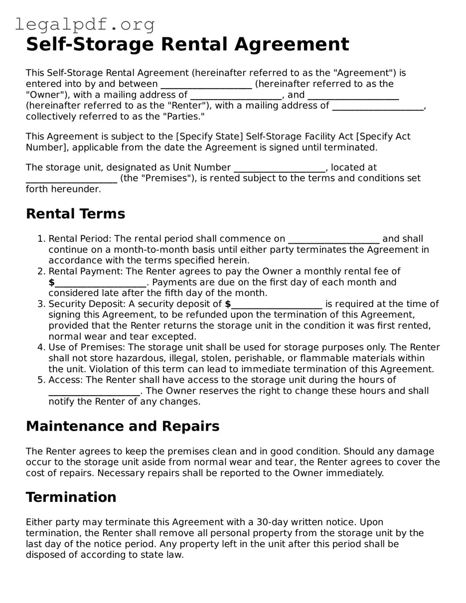 Blank Self-Storage Rental Agreement Document