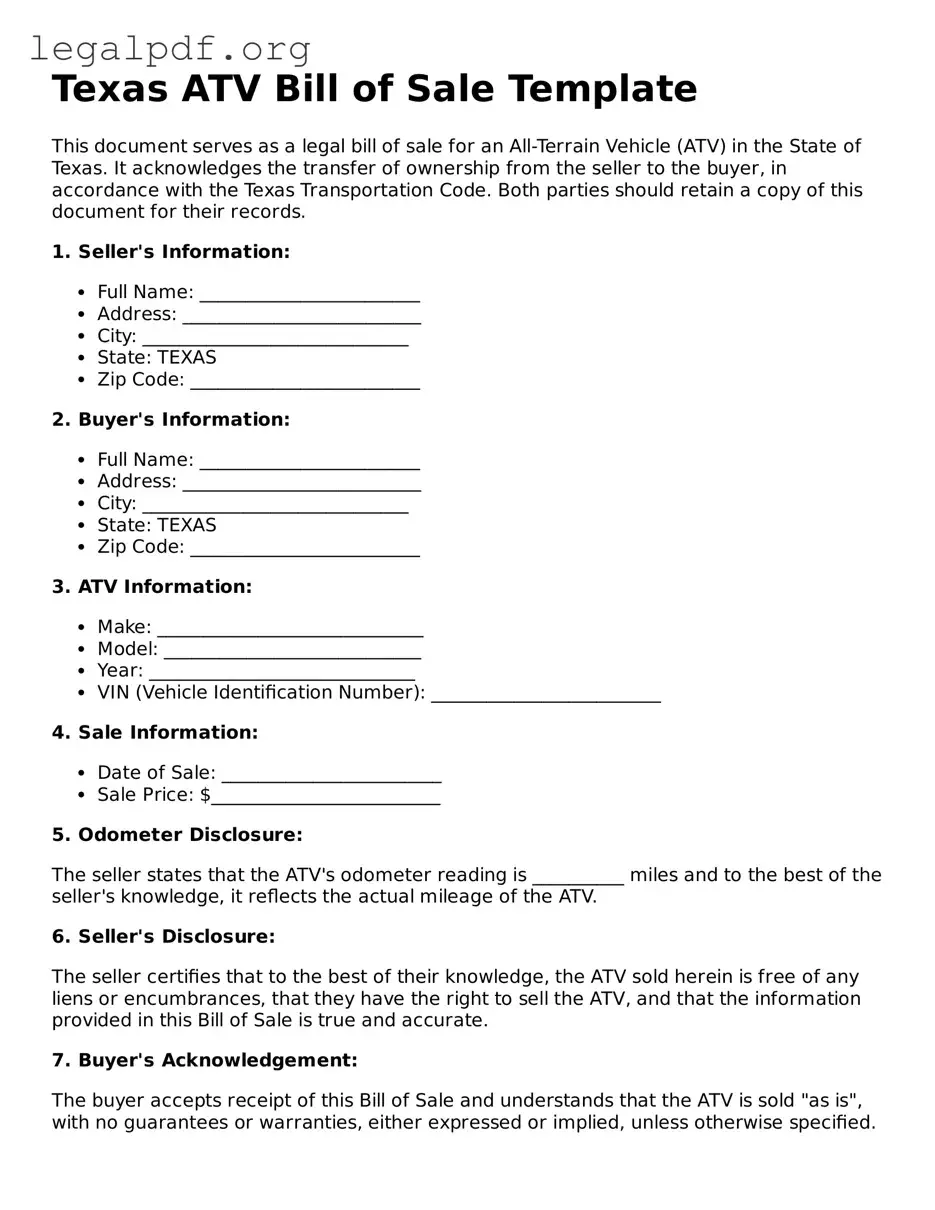Valid  ATV Bill of Sale Template for Texas