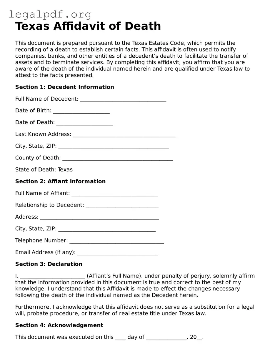 Valid  Affidavit of Death Template for Texas