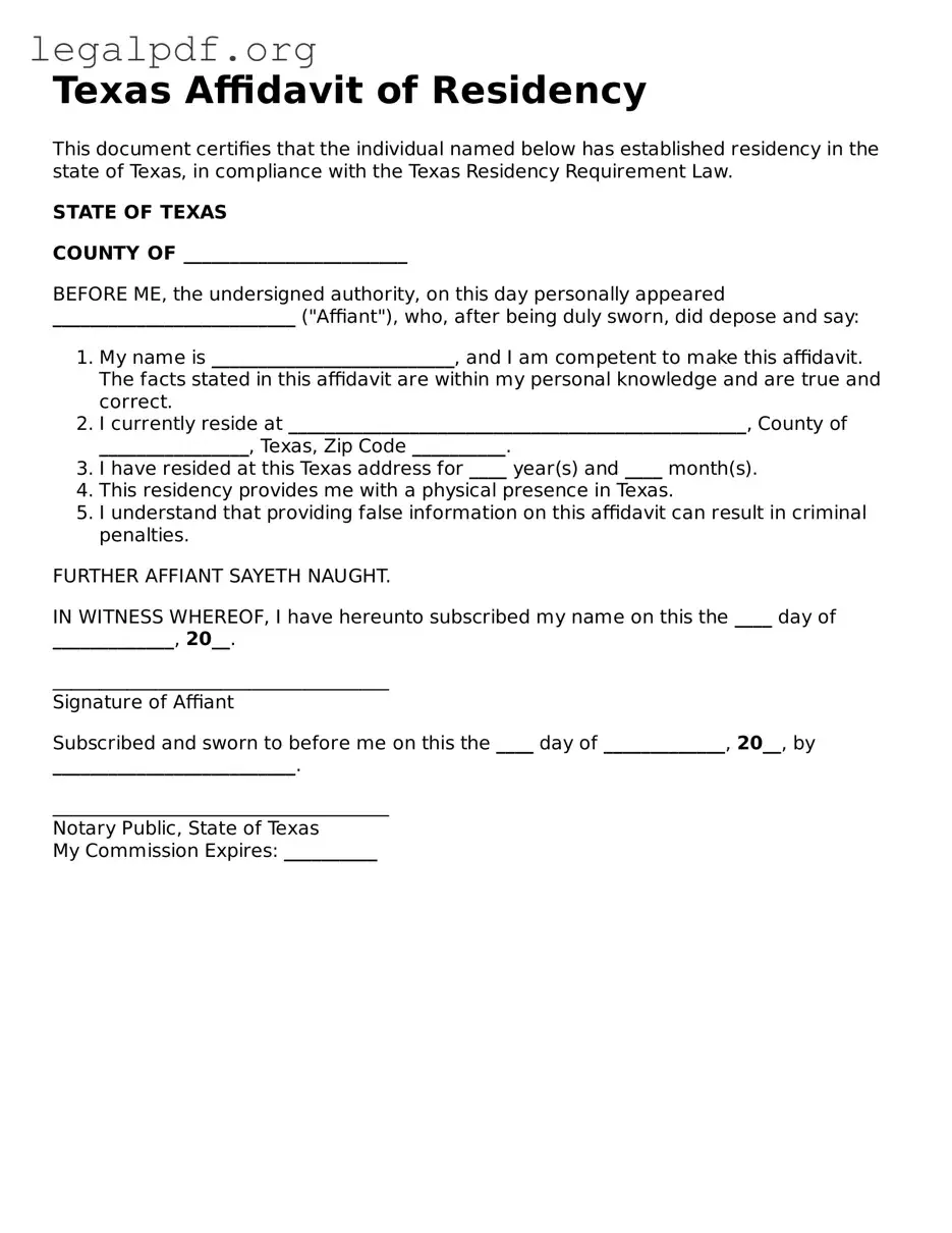 Valid  Affidavit of Residency Template for Texas