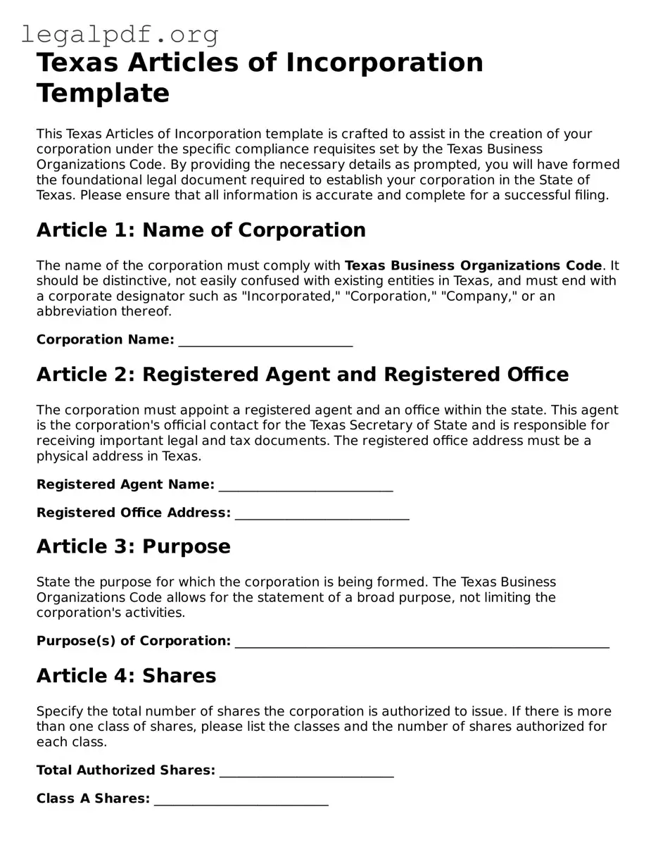 Valid  Articles of Incorporation Template for Texas
