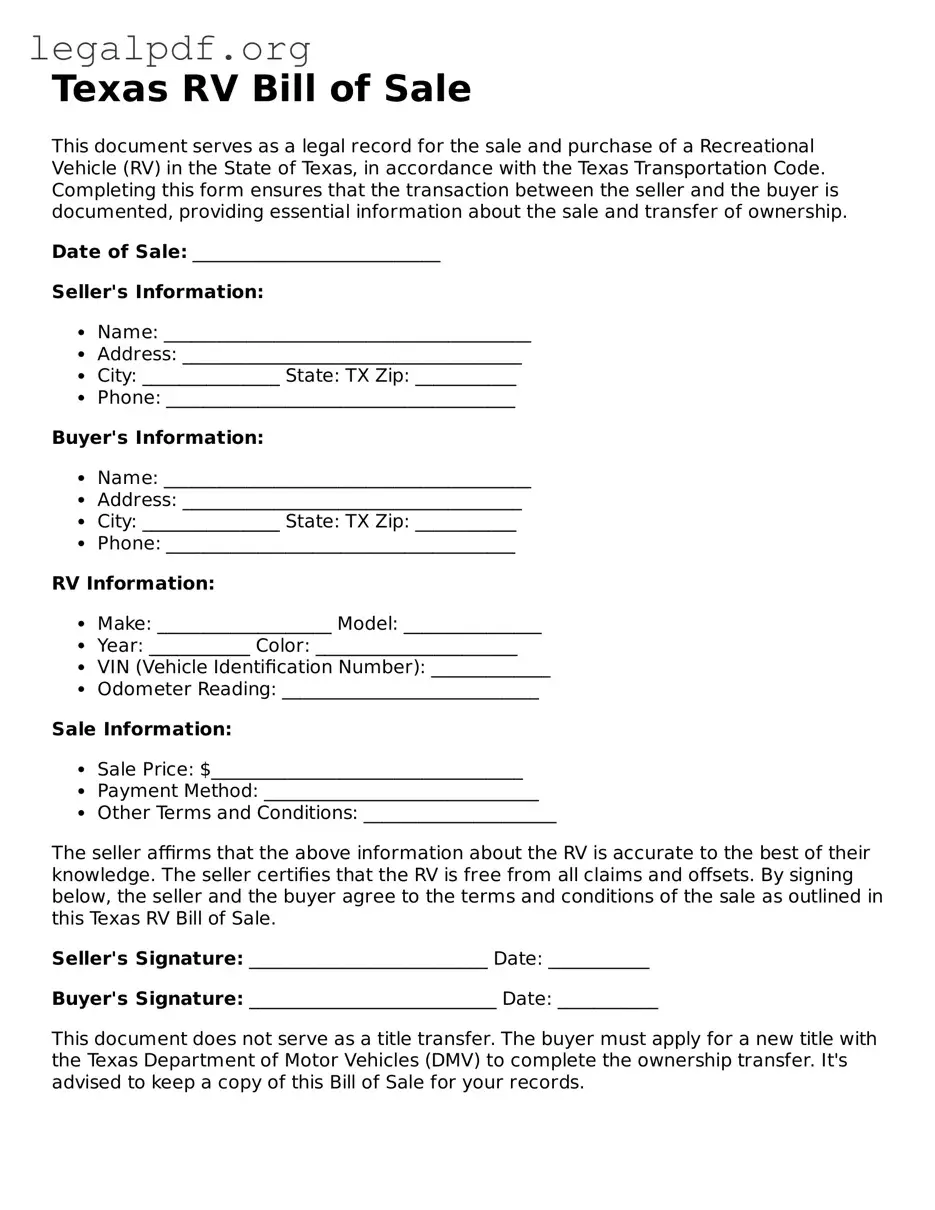 Valid  RV Bill of Sale Template for Texas