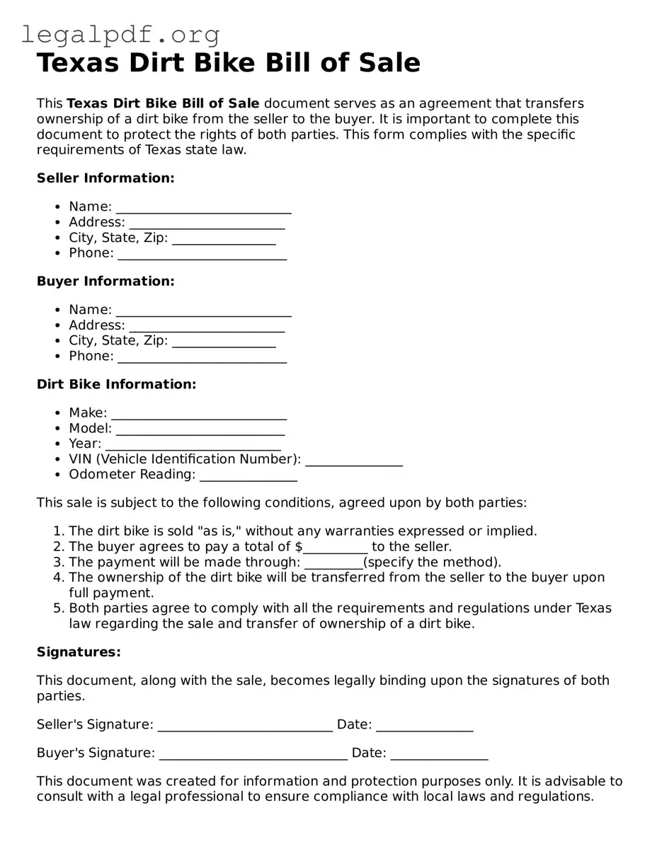 Valid  Dirt Bike Bill of Sale Template for Texas