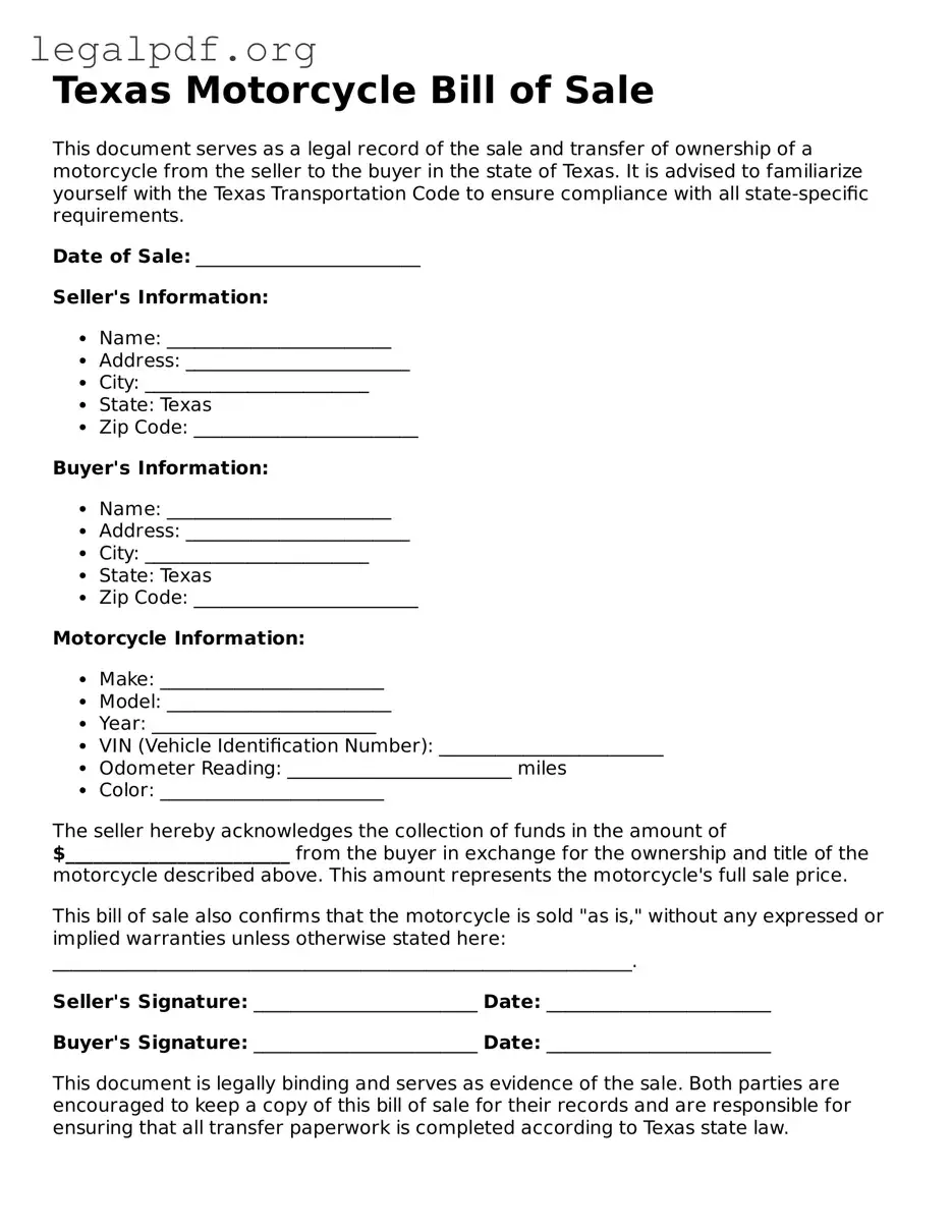 Valid  Motorcycle Bill of Sale Template for Texas