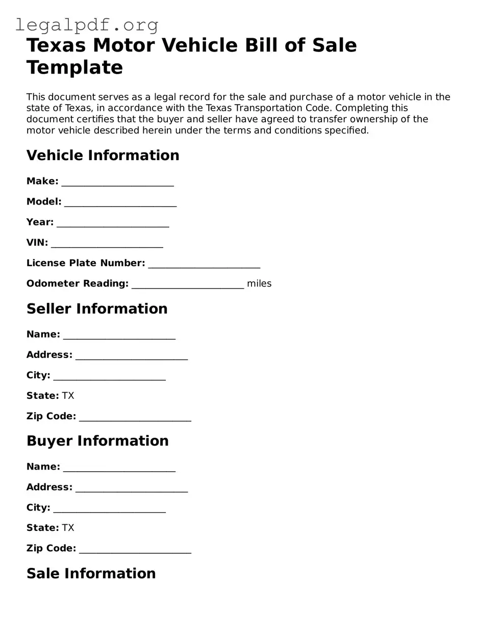 Valid  Motor Vehicle Bill of Sale Template for Texas