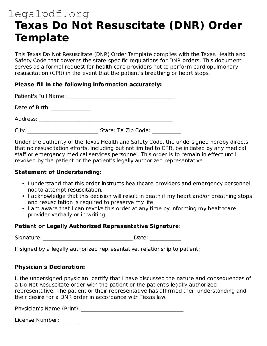 Valid  Do Not Resuscitate Order Template for Texas