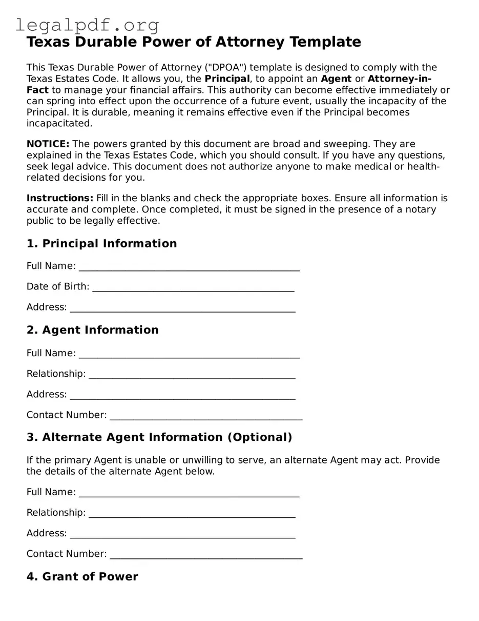 Valid  Durable Power of Attorney Template for Texas
