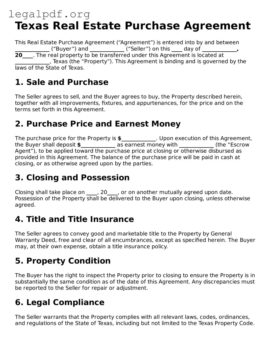 Valid  Real Estate Purchase Agreement Template for Texas