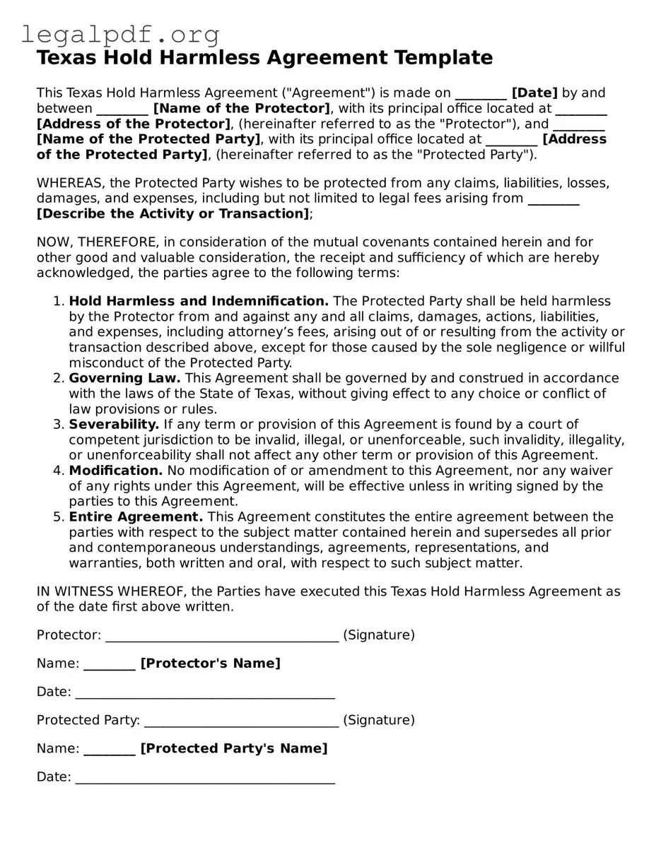 Valid  Hold Harmless Agreement Template for Texas