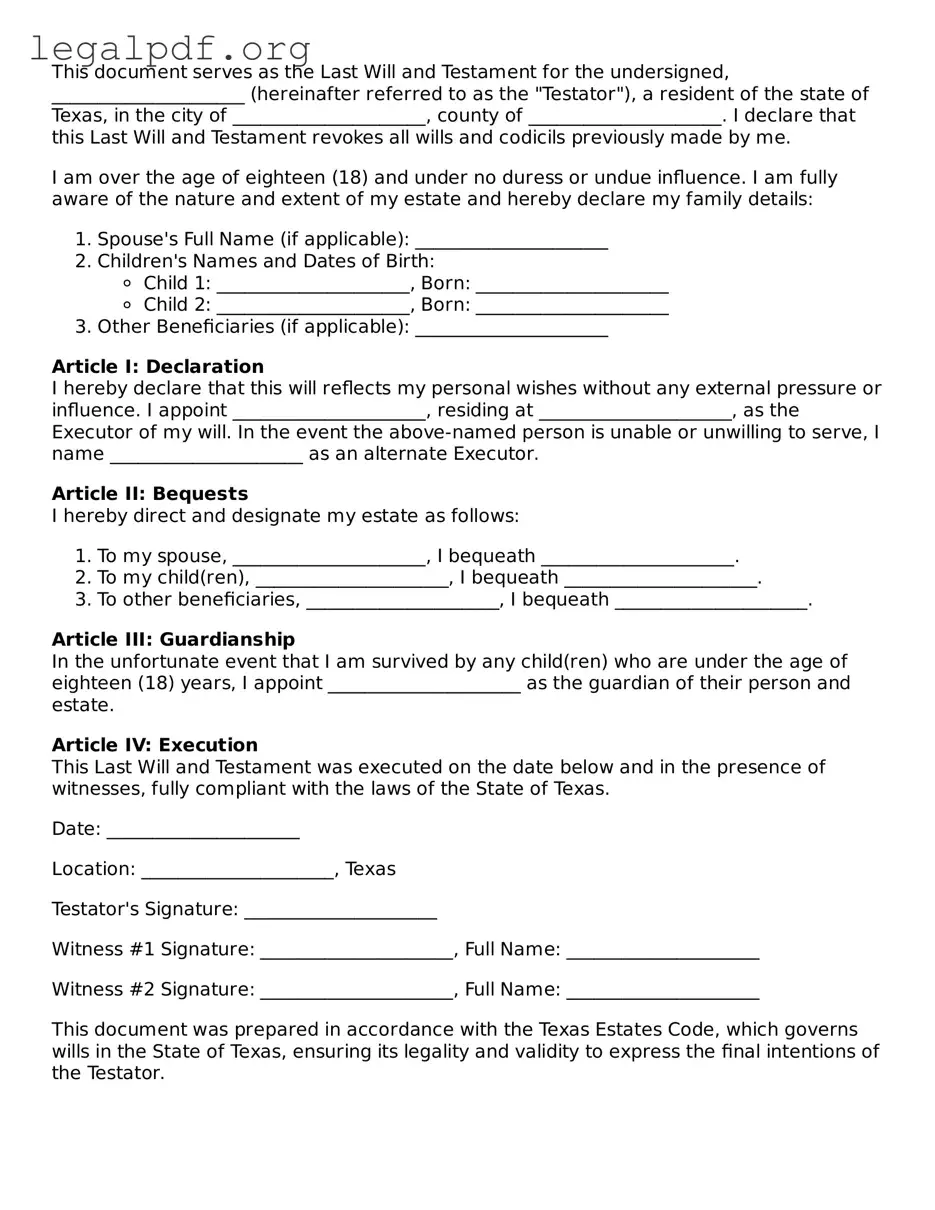 Valid  Last Will and Testament Template for Texas
