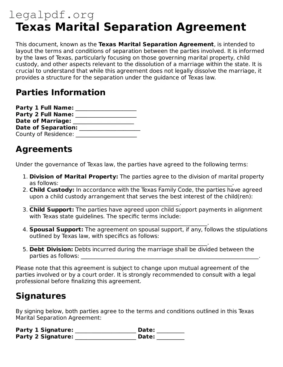 Valid  Marital Separation Agreement Template for Texas
