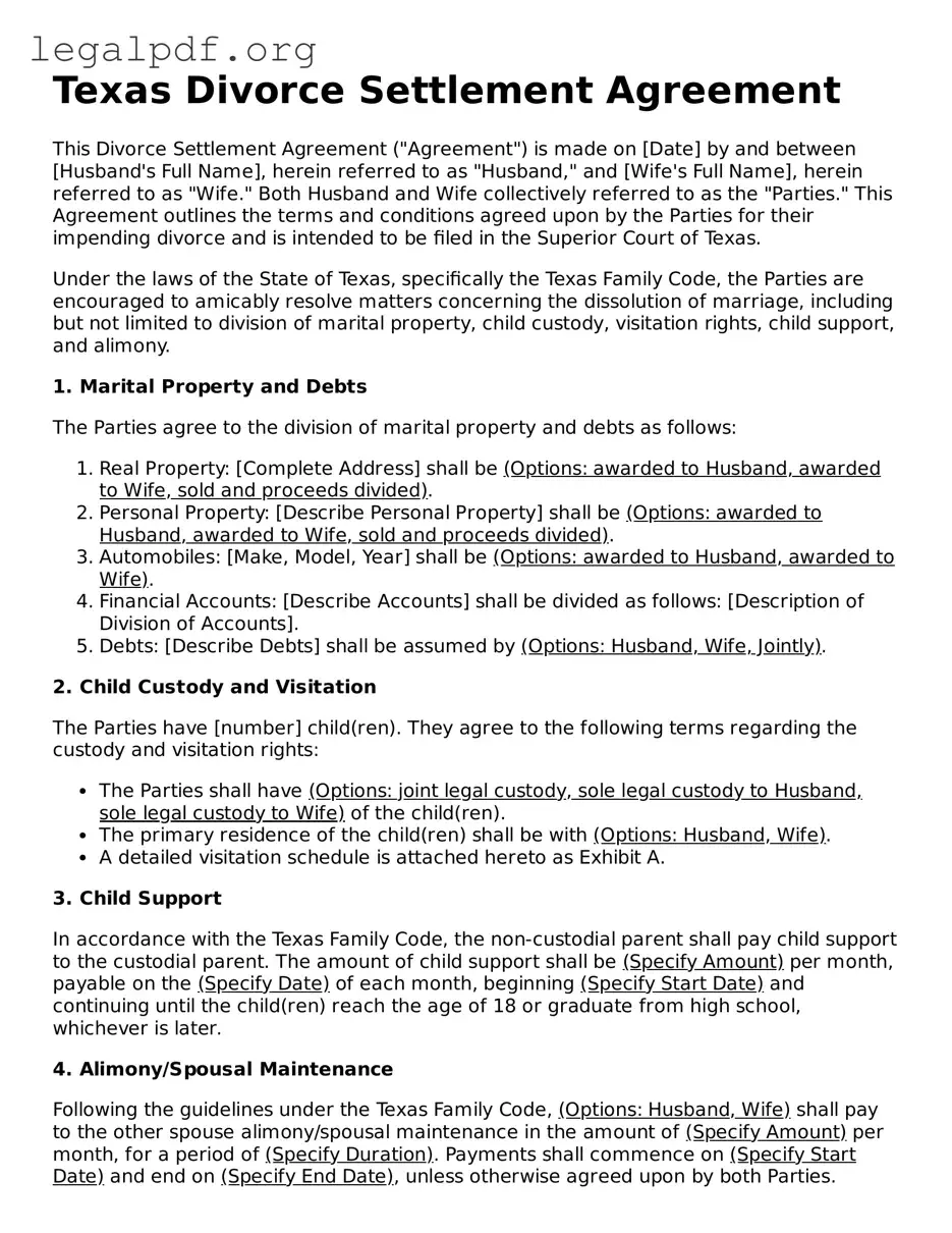 Valid  Divorce Settlement Agreement Template for Texas