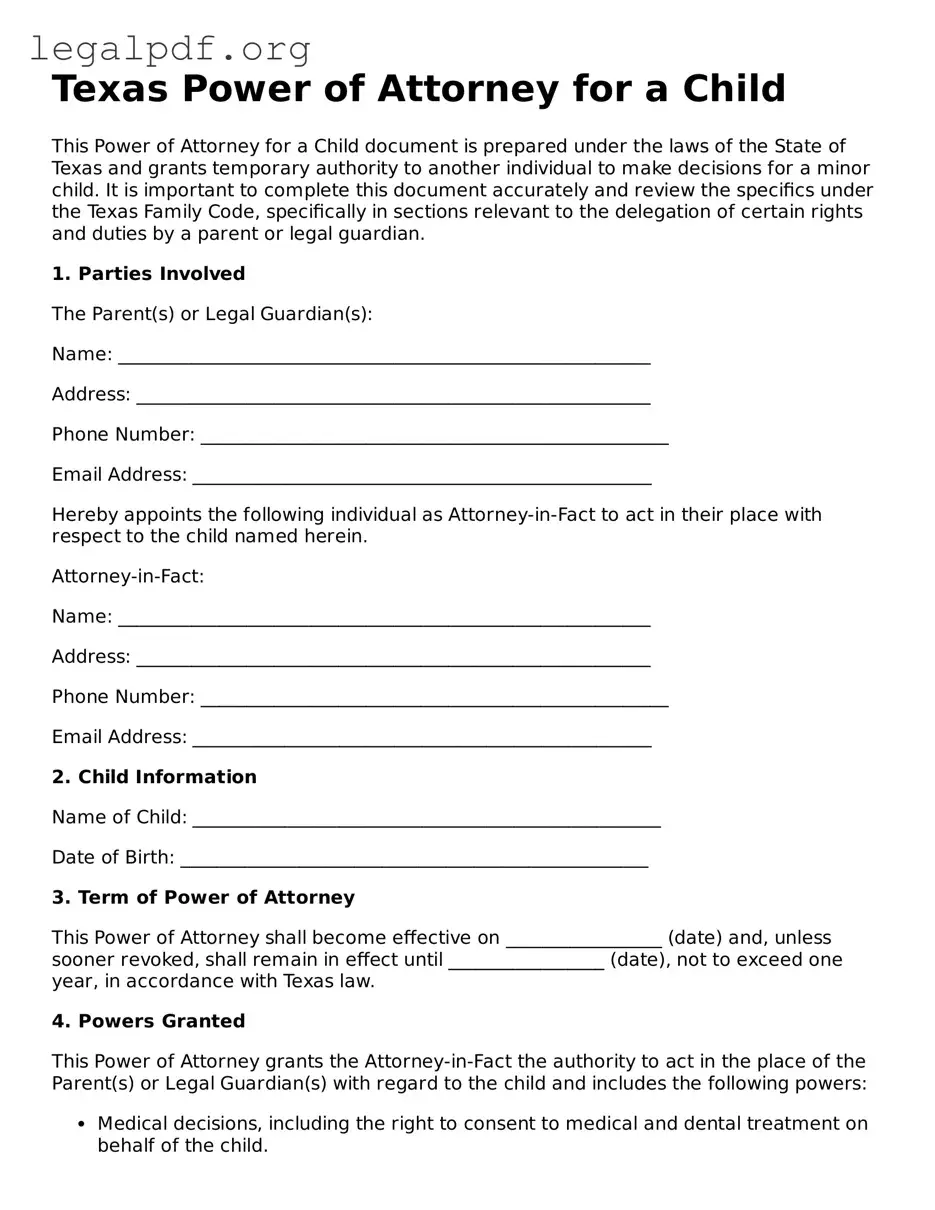 Valid  Power of Attorney for a Child Template for Texas