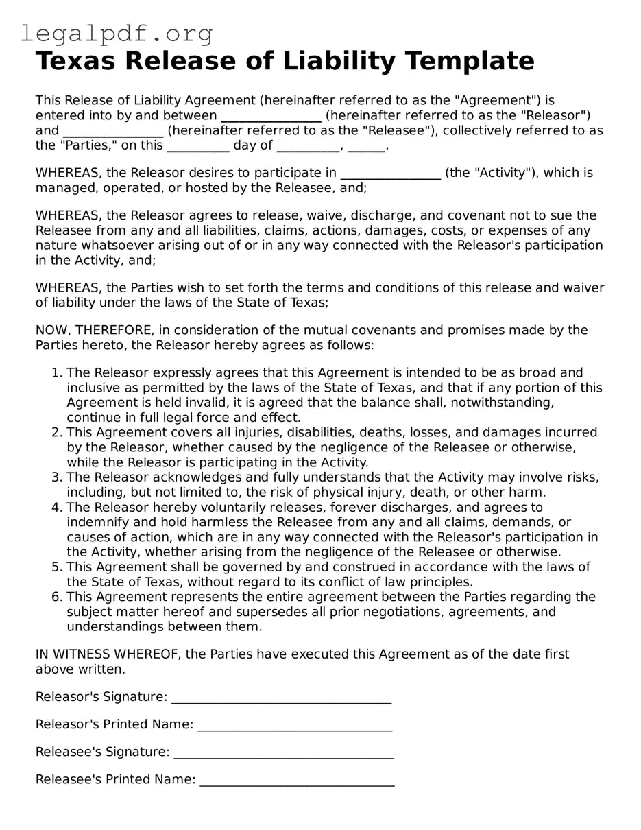 Valid  Release of Liability Template for Texas