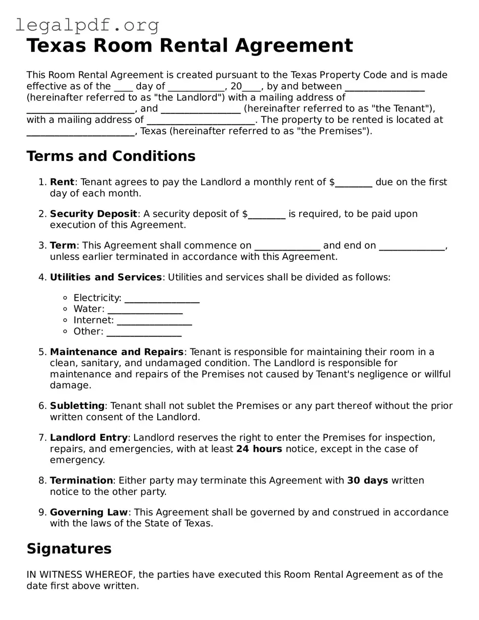 Valid  Room Rental Agreement Template for Texas