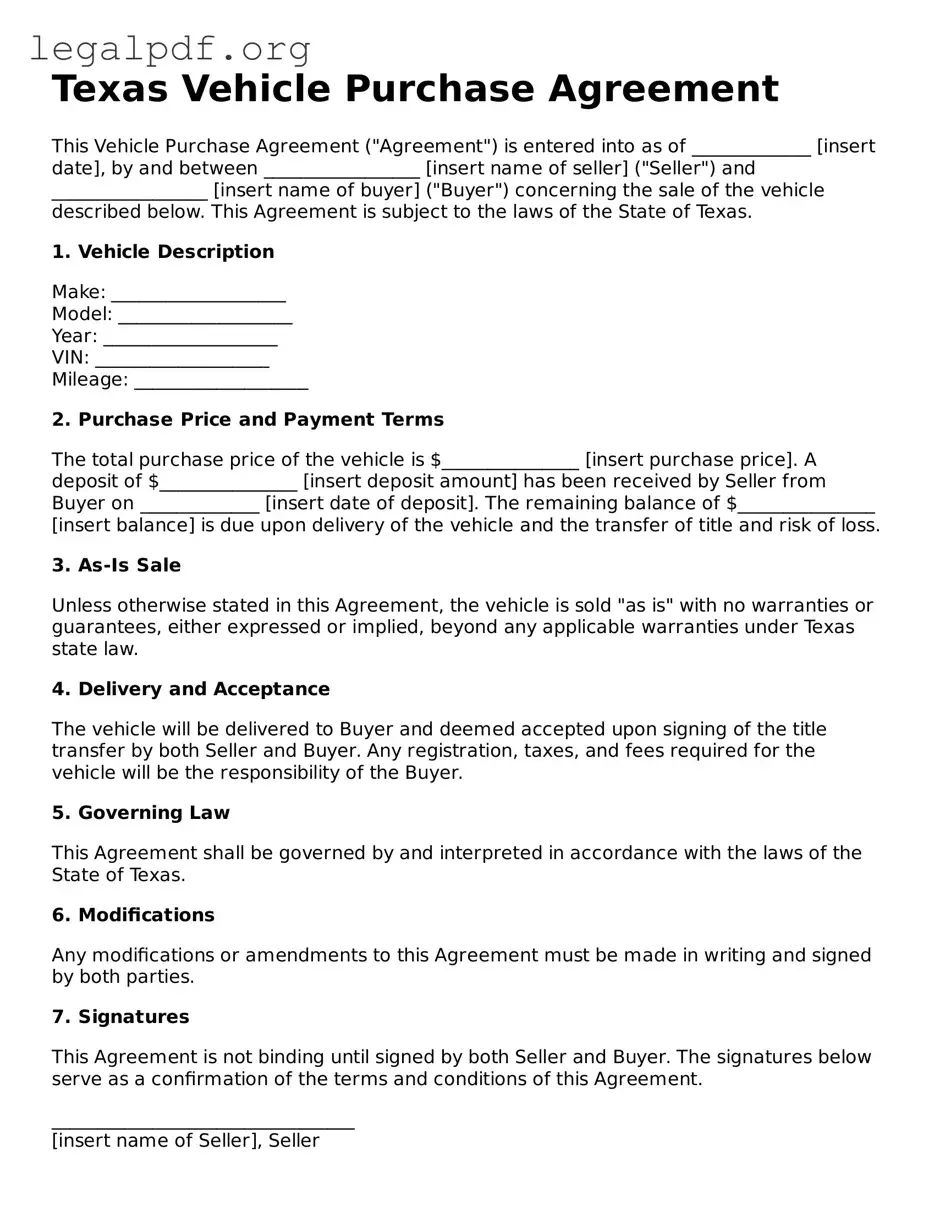 Valid  Vehicle Purchase Agreement Template for Texas