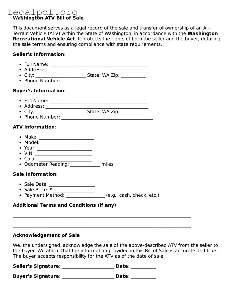 Valid  ATV Bill of Sale Template for Washington