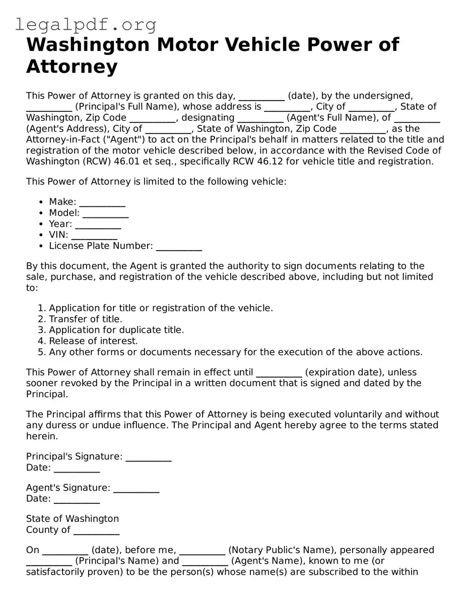 Valid  Motor Vehicle Power of Attorney Template for Washington