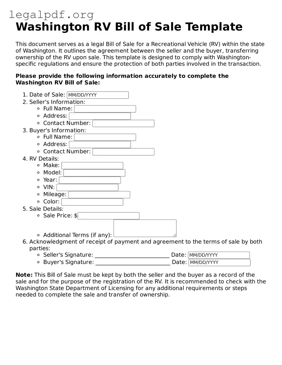 Valid  RV Bill of Sale Template for Washington