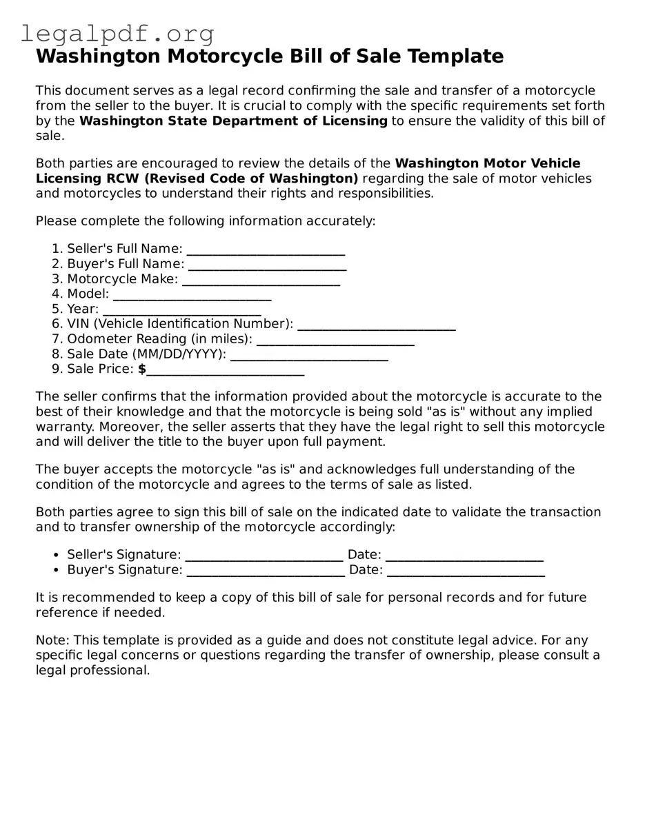 Valid  Motorcycle Bill of Sale Template for Washington