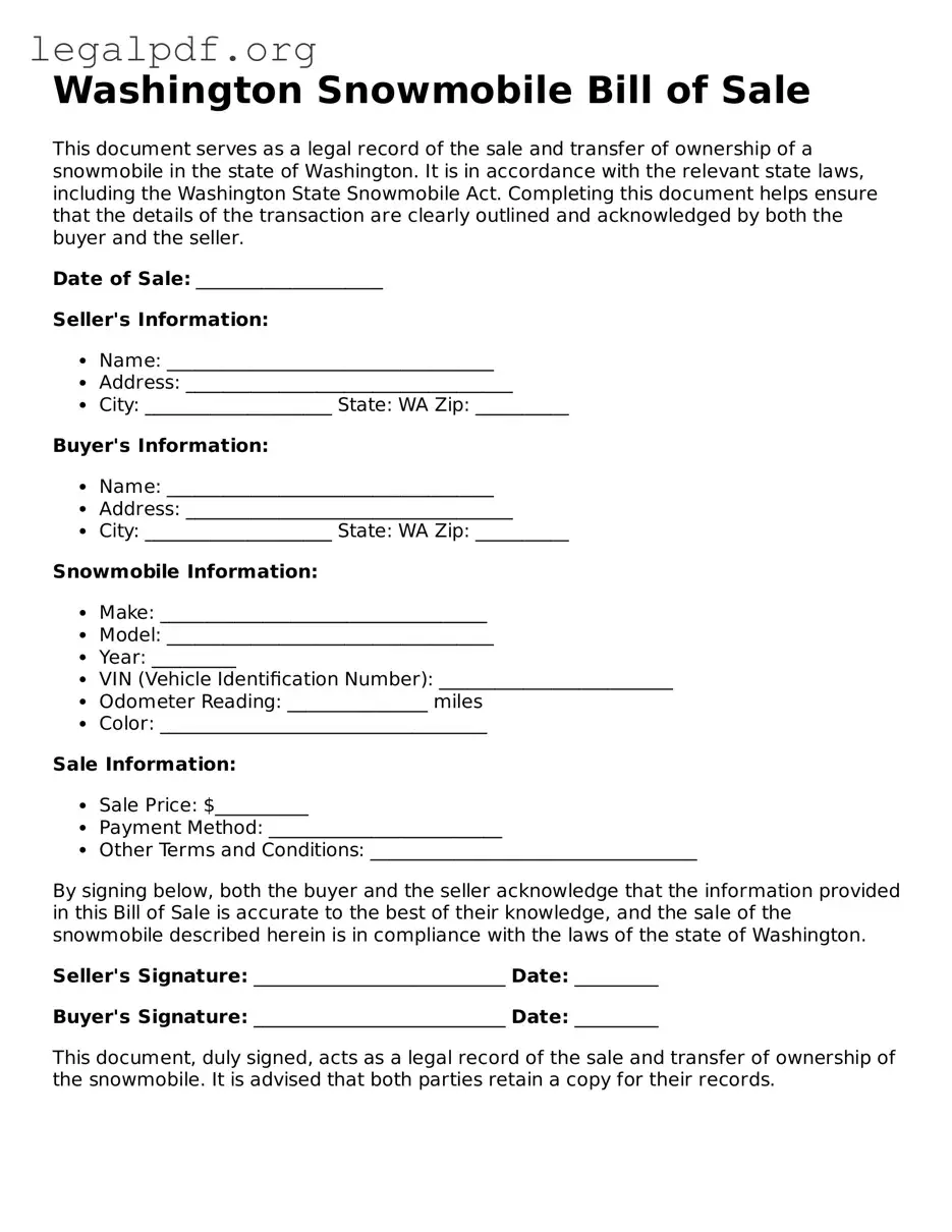 Valid  Snowmobile Bill of Sale Template for Washington