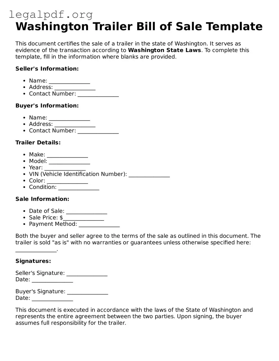Valid  Trailer Bill of Sale Template for Washington