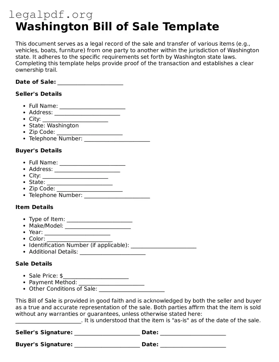 Valid  Bill of Sale Template for Washington