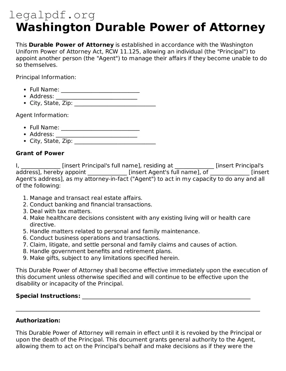 Valid  Durable Power of Attorney Template for Washington