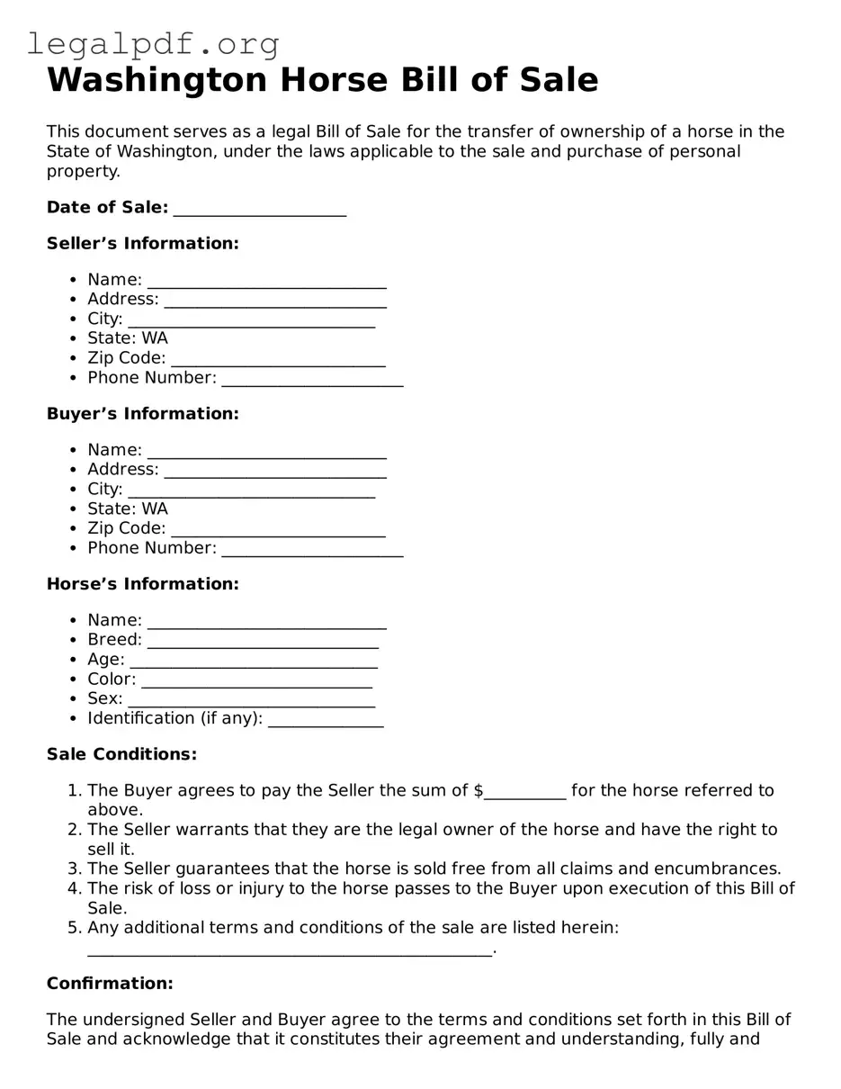 Valid  Horse Bill of Sale Template for Washington