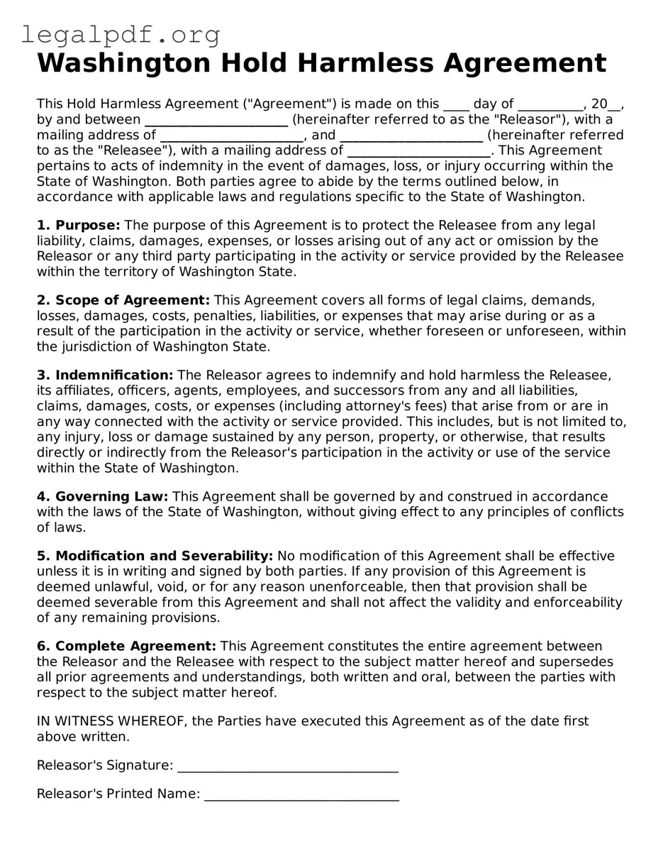 Valid  Hold Harmless Agreement Template for Washington