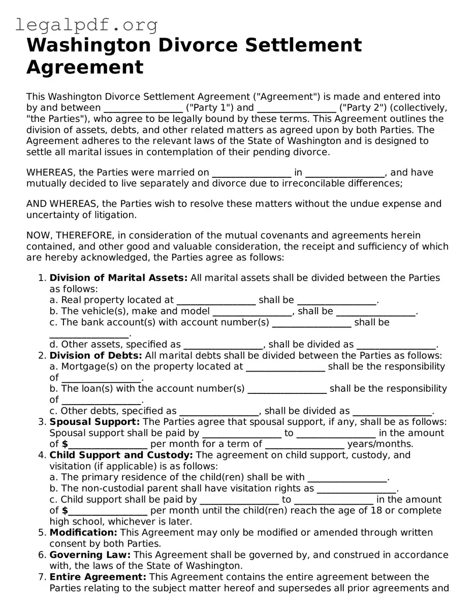 Valid  Divorce Settlement Agreement Template for Washington