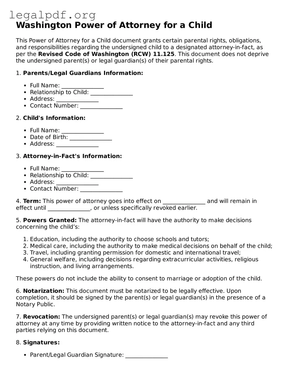 Valid  Power of Attorney for a Child Template for Washington