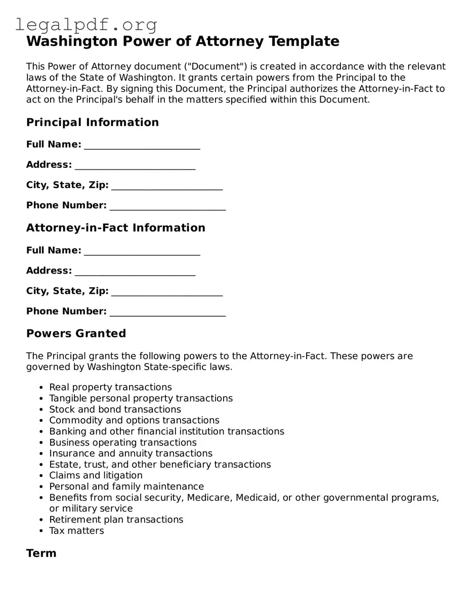 Valid  Power of Attorney Template for Washington